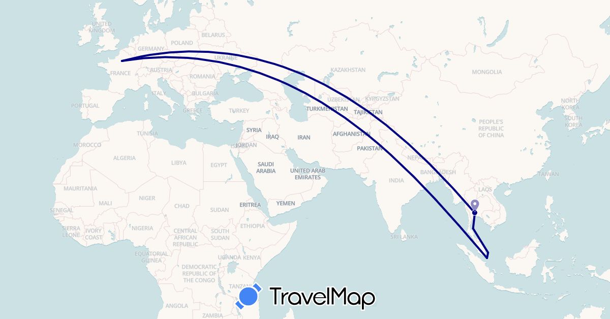 TravelMap itinerary: driving in France, Malaysia, Singapore, Thailand (Asia, Europe)